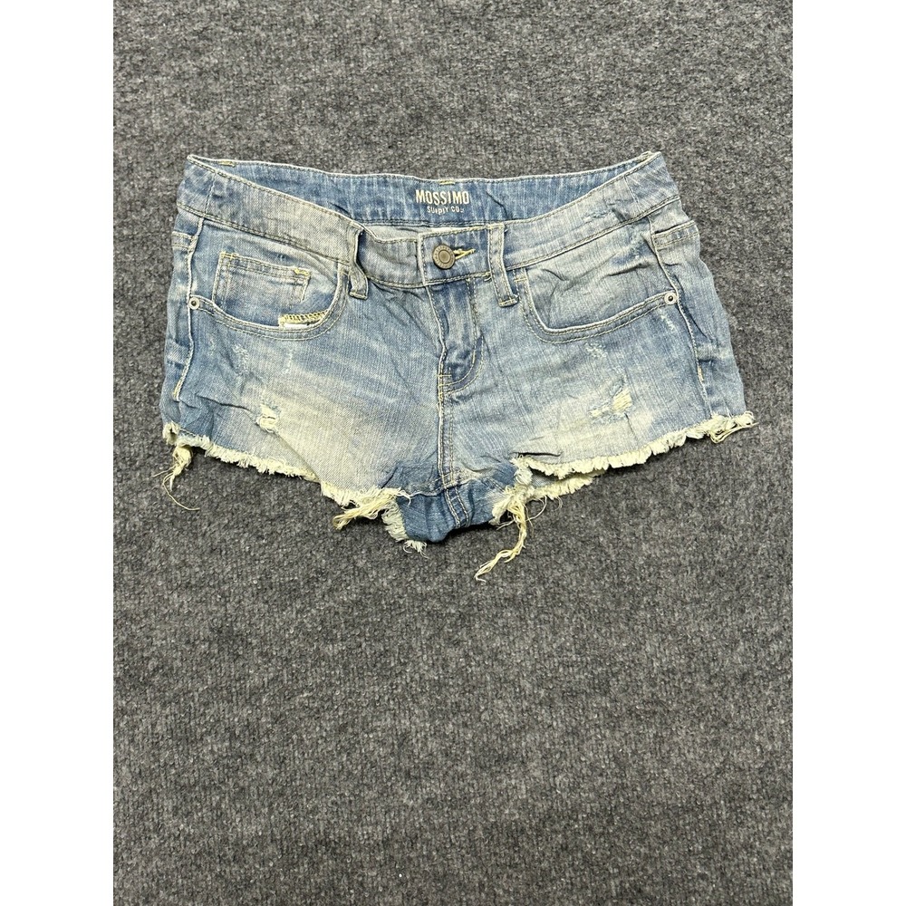 Mossimo Shorts Womens Size 7 Blue Distressed Raw Hem Low Rise Denim Cut Offs